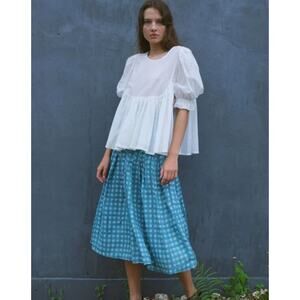 INNIKA CHOO Sz 3 Large Linen Pleat Midi Skirt Aquifer Gingham NWT